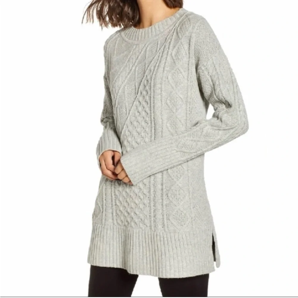 J. CREW Cable Knit Tunic Sweater Wool Blend Patchwork Preppy Beige Gray Small